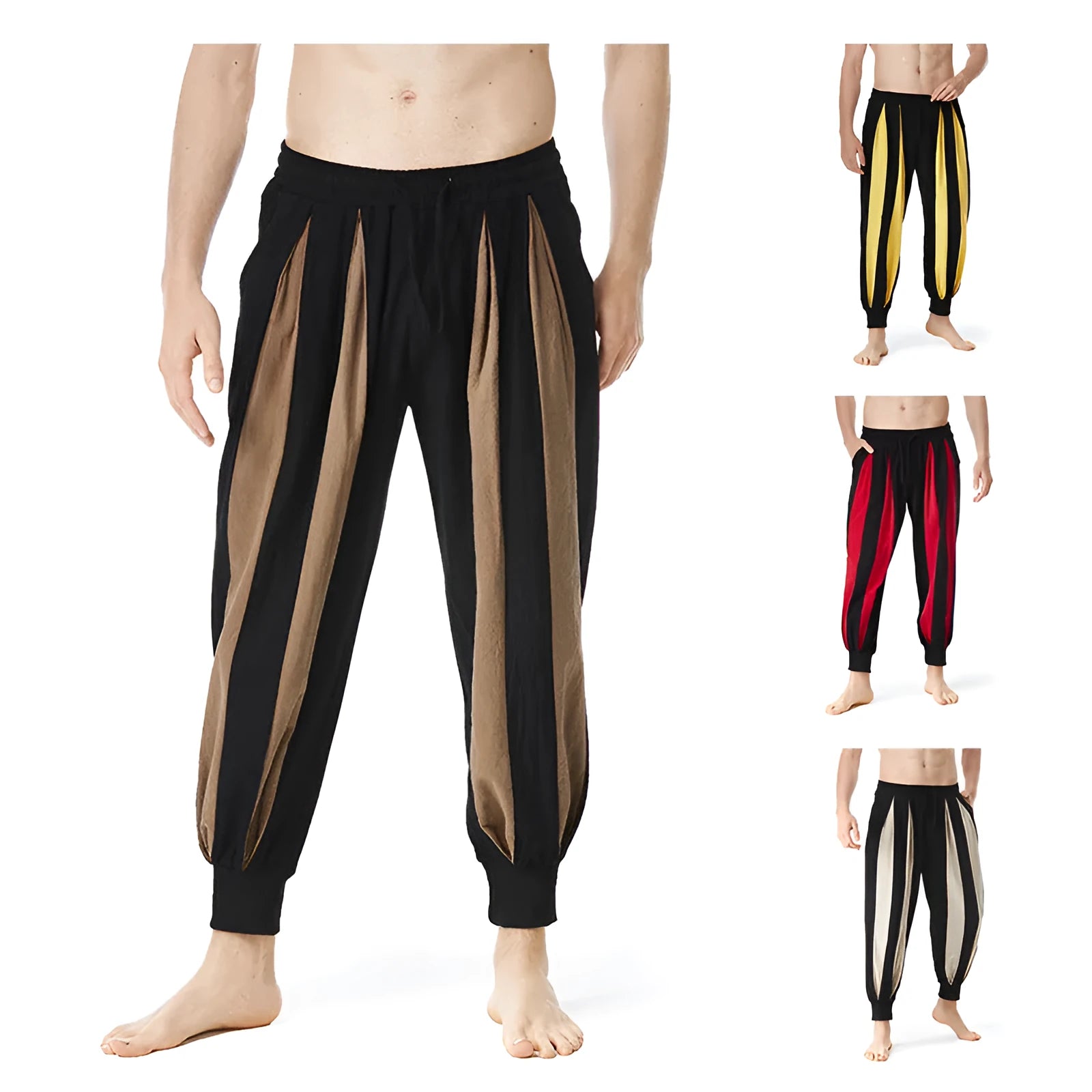 Men's straight-fit casual trousers in red, khaki, yellow, and brown colours for spring wear