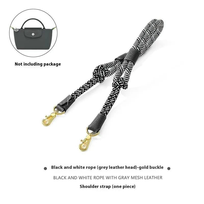 Braided nylon rope shoulder strap with cowhide leather accents and an alloy buckle.