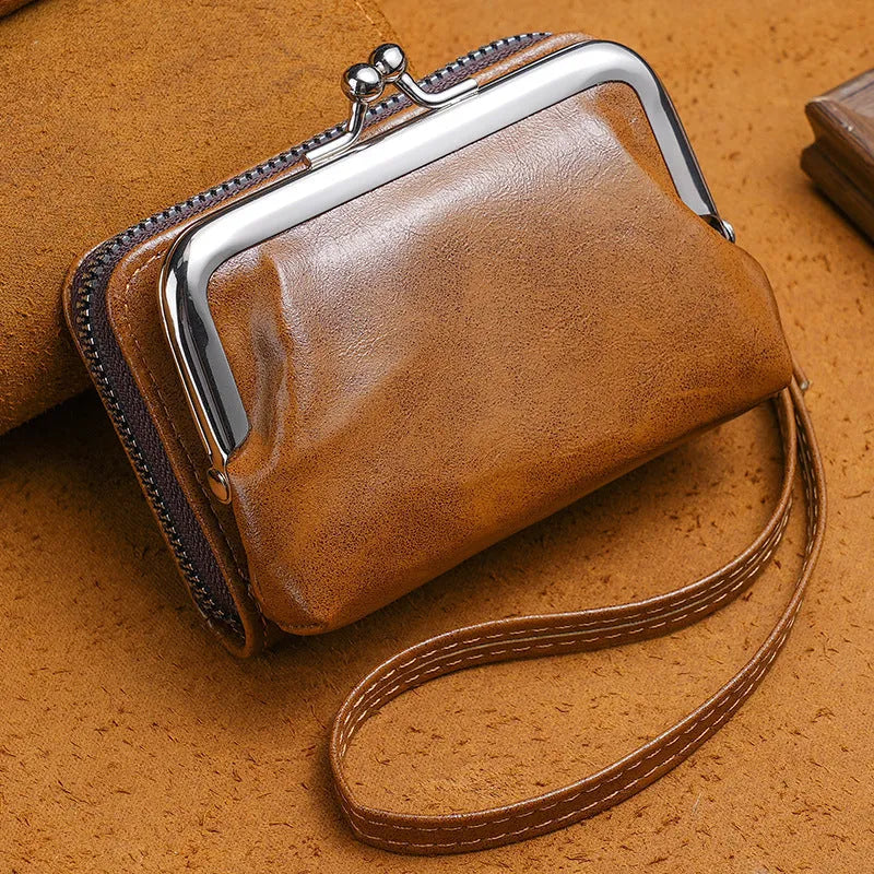 Ladies' synthetic leather buckle coin purse with metal clip, shown in five colour options.