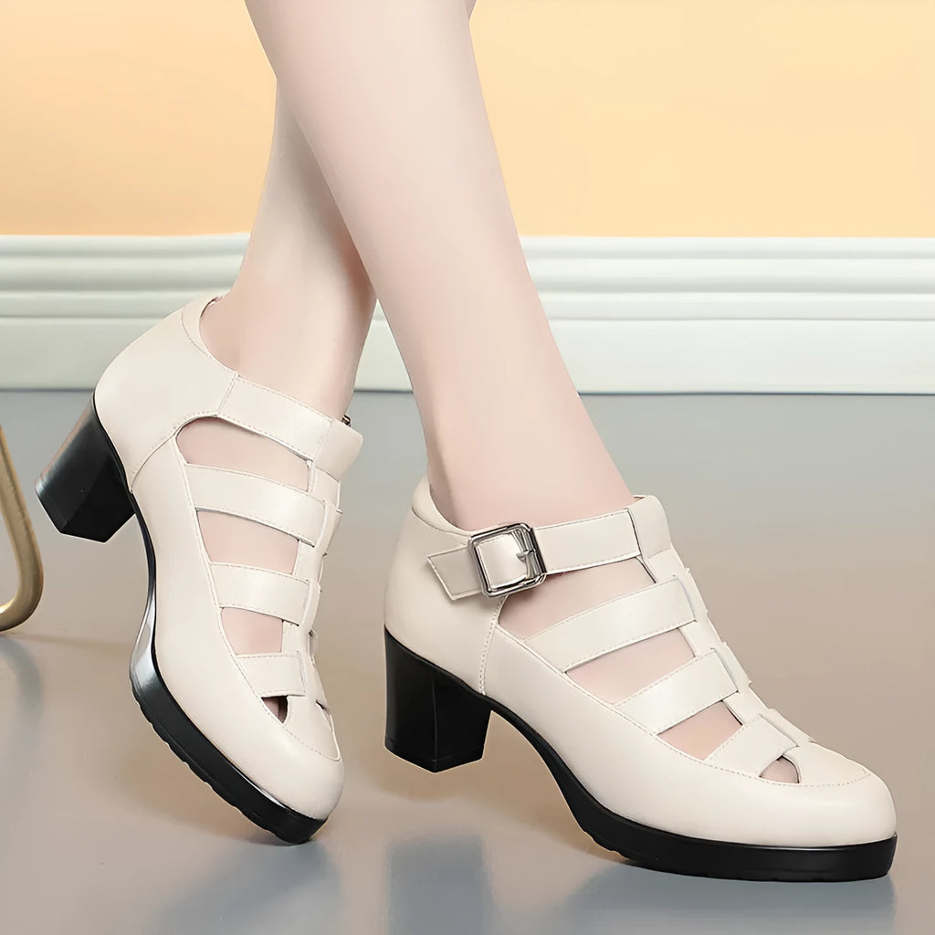 Women's beige closed toe sandals with chunky heel, woven design, and adjustable ankle-strap buckle