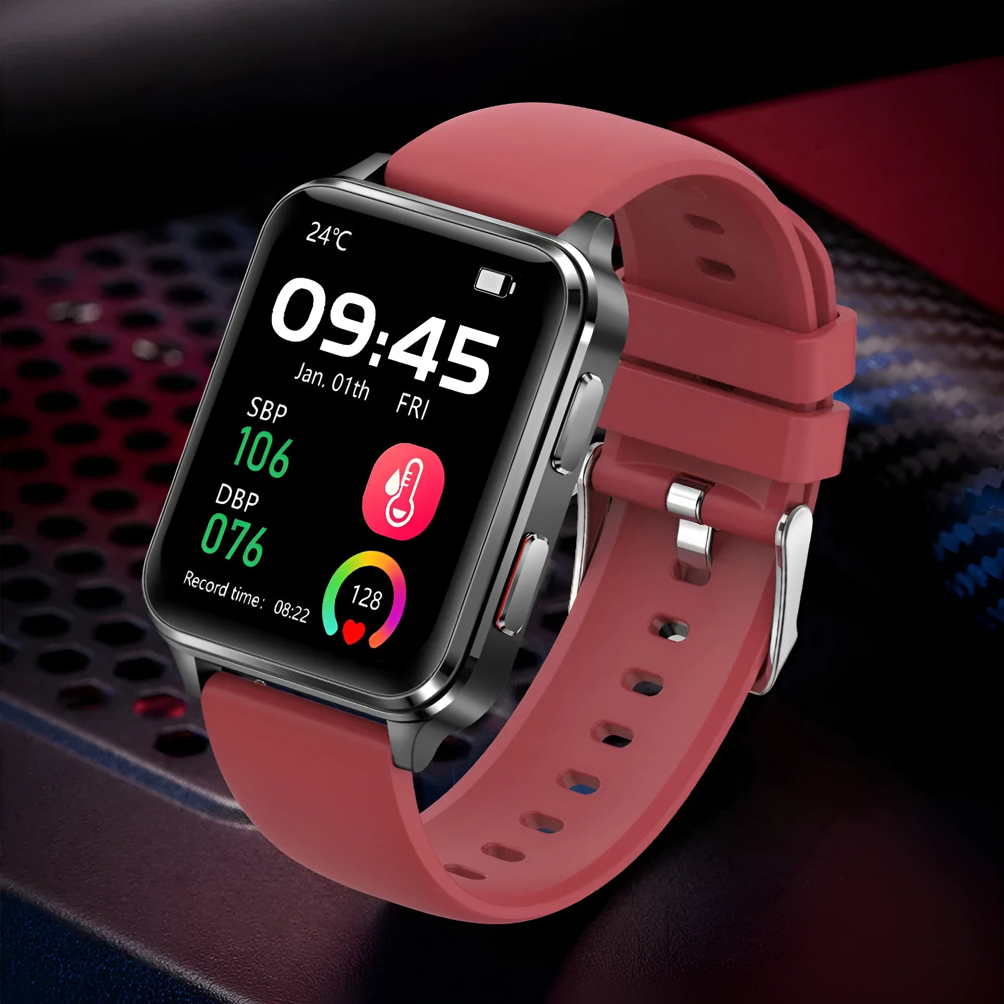 Air Type multi-sport smartwatch with 1.70-inch tempered glass screen and silicone wristband in blue, black, red, or leather options