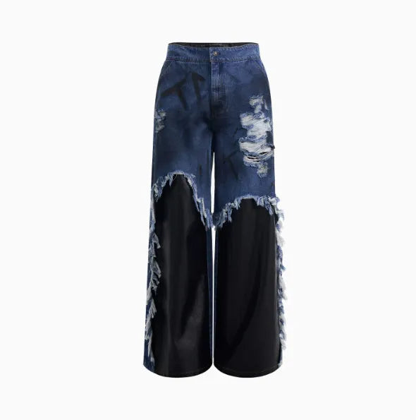 Blue hand painted letters dirty dyed raw hem ripped straight-leg denim pants for teenagers