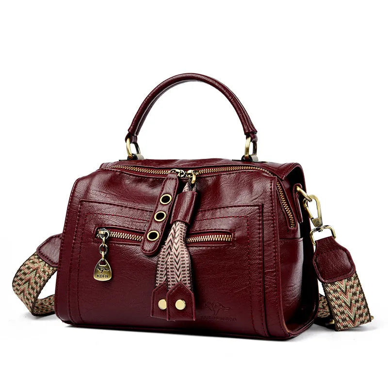 Women's retro style crossbody bag in soft PU leather with sandwich pocket, shown in six colour options
