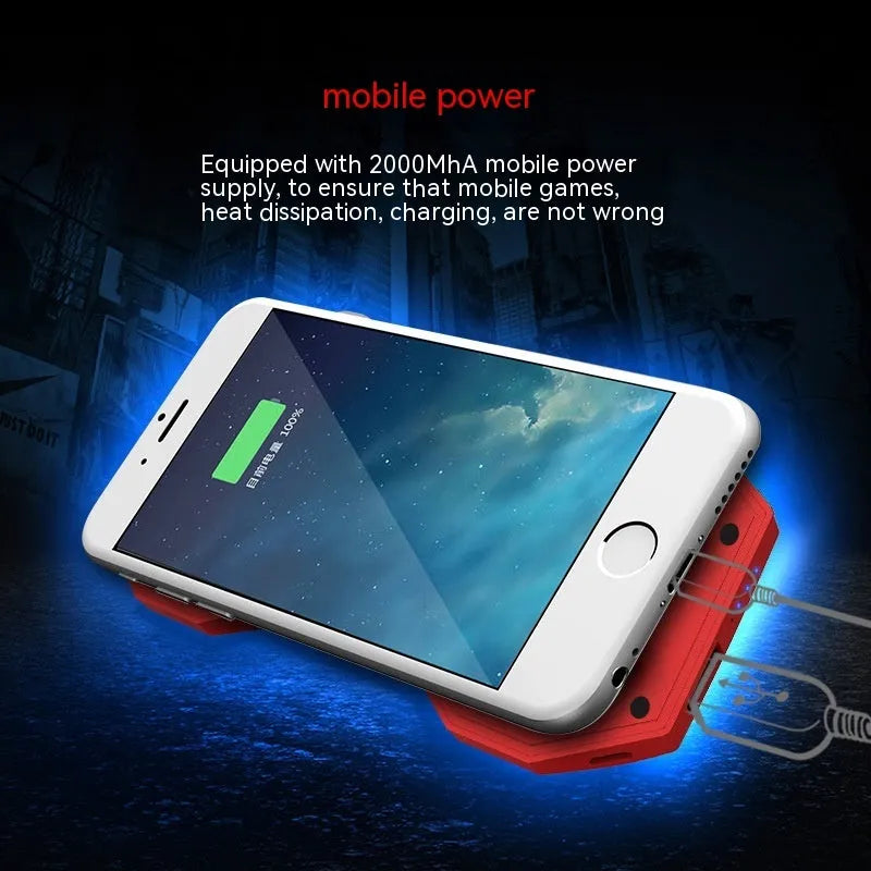 Red portable mobile phone cooling fan heat sink with USB cable on blue background