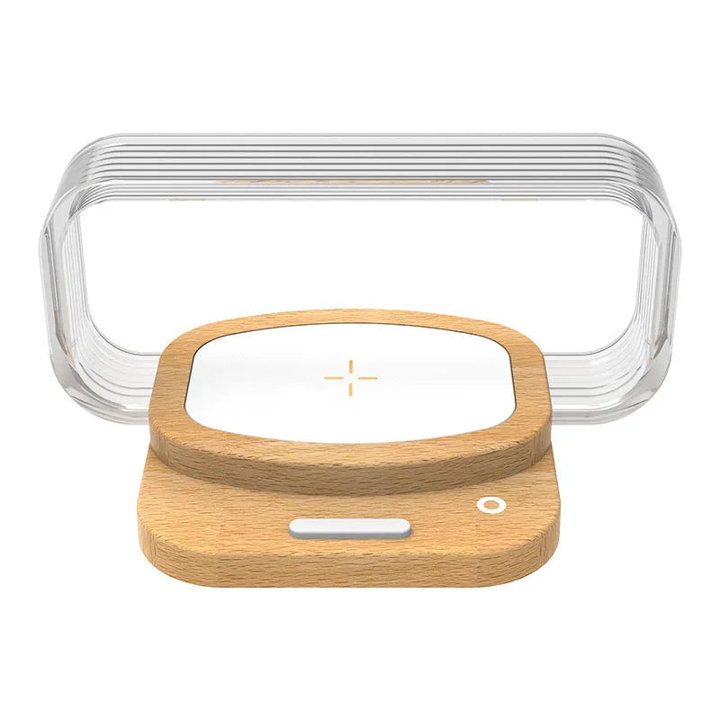 Wooden style acrylic wireless charger small night lamp on desk with USB cable