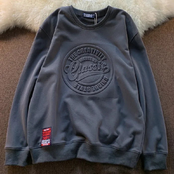 Cotton pullover sweater with scale concave-convex print in loose fit