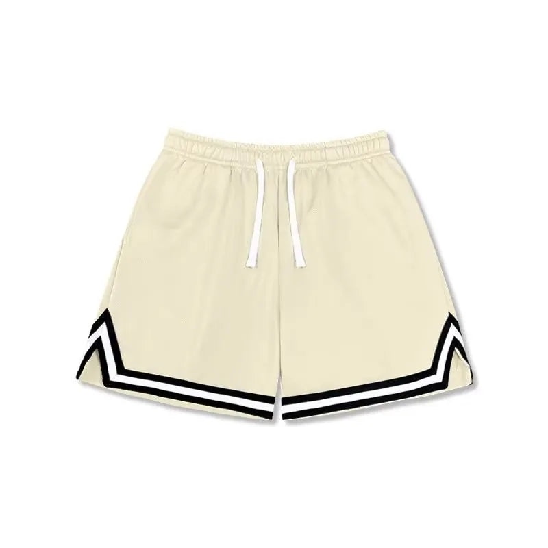 Men's loose-fit polyester sports shorts in various colours on a size chart.