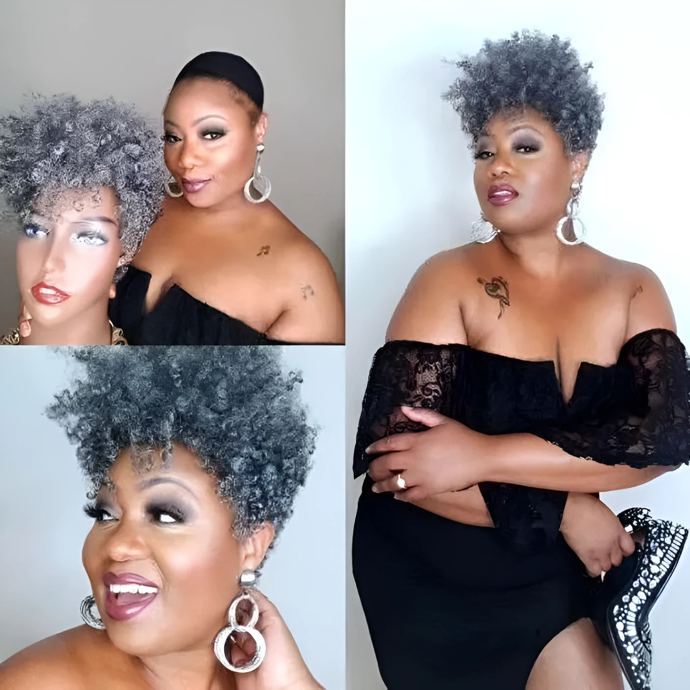 Short black synthetic wig with simple rolled hairstyle, made from Kanekalon fibre.