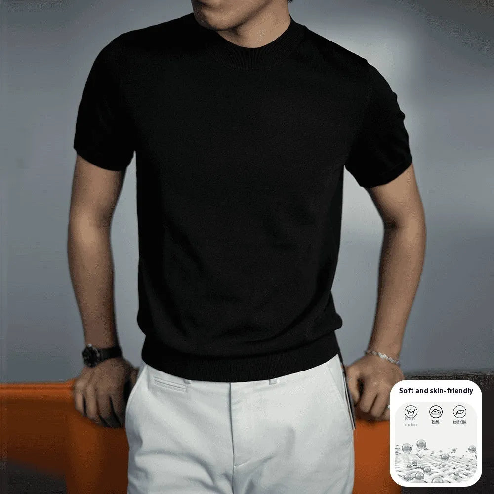 Men's silver grey knitted round neck t-shirt with short sleeves on a hanger.