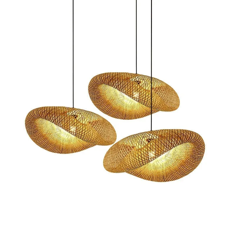 Woven bamboo straw hat-shaped hanging lamp chandelier in natural material showing textured ceiling pendant light fixture
