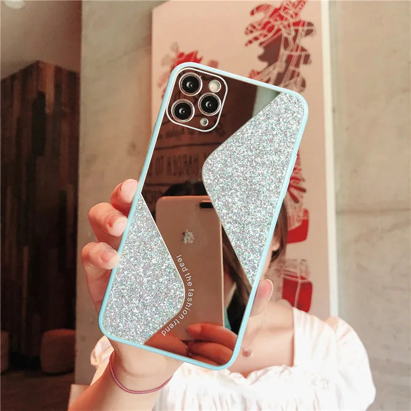 Glitter mirror phone case with rhinestone decoration for Apple iPhone in black, blue and pink colour options