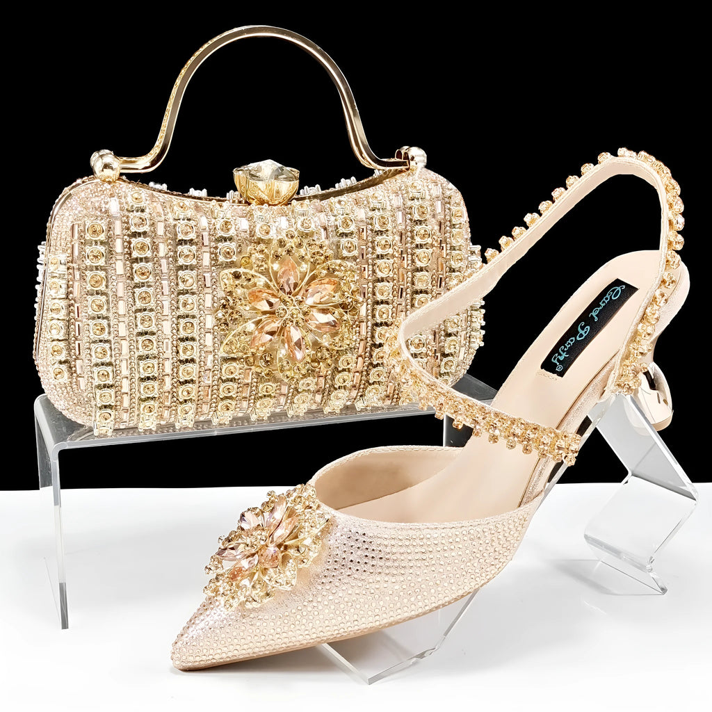 Sexy women's high heel shoes and matching hard clutch bag with floral ankle chain and rhinestone buckle