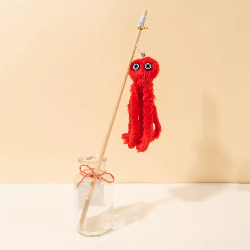 Octopus-themed cat toy with long stick handle in grey, pink, purple, or red colour options