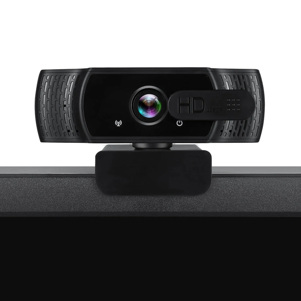 Black 1080P USB webcam with built-in microphone and universal clip for laptop or monitor.