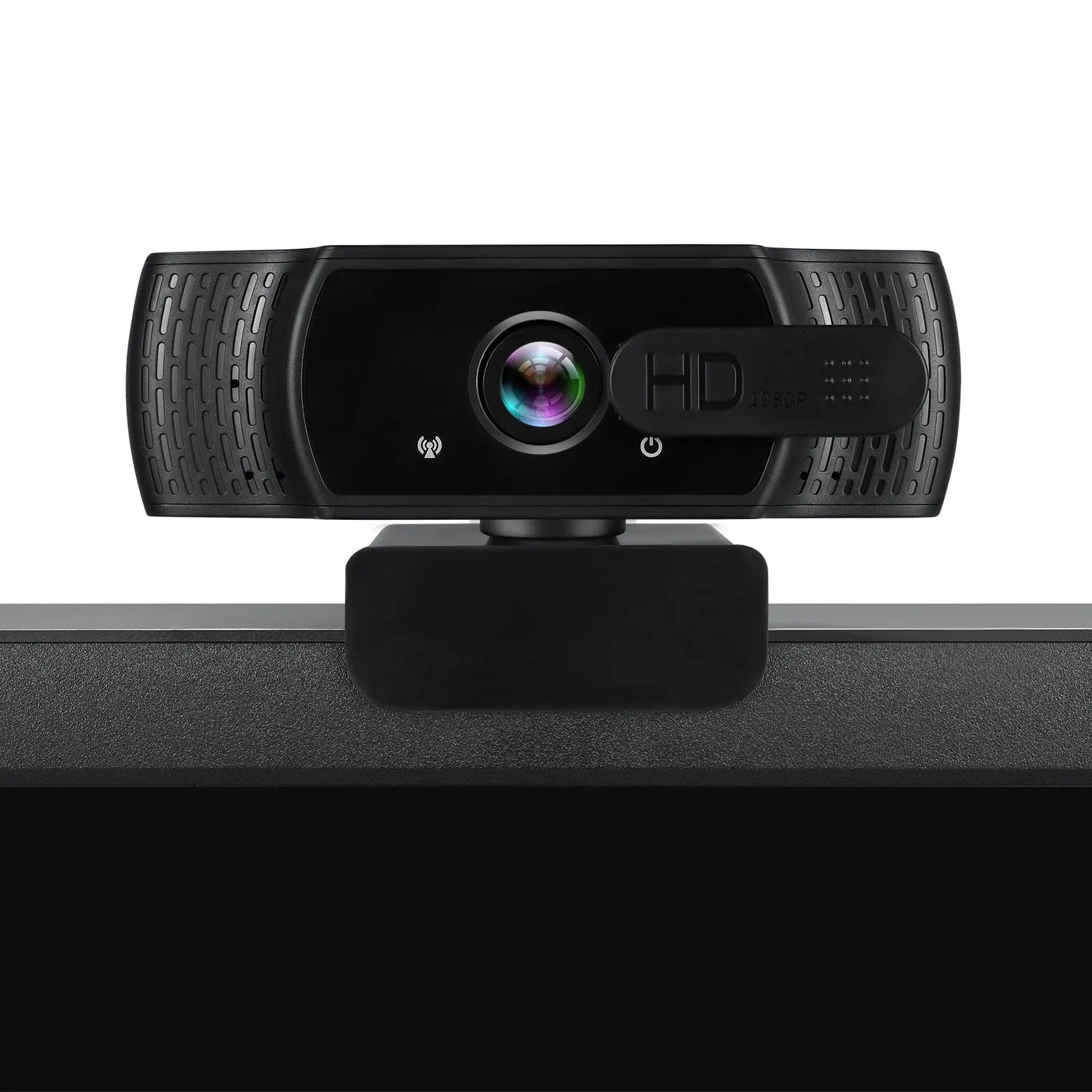 Black 1080P USB webcam with built-in microphone and universal clip for laptop or monitor.