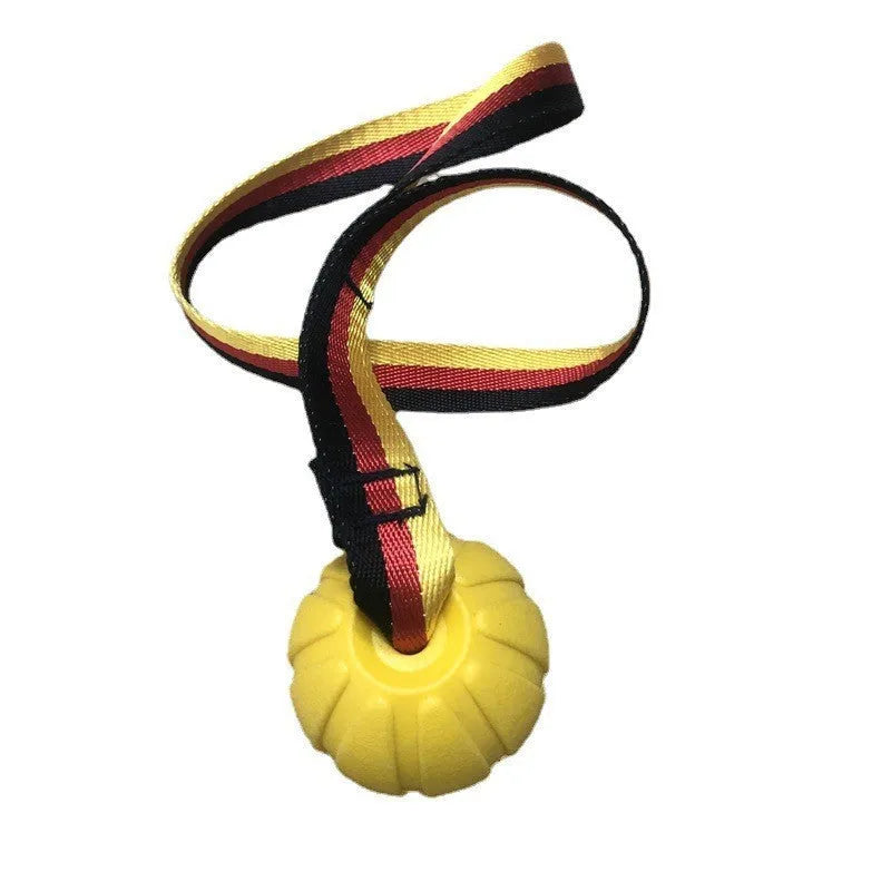 Yellow EVA floating tetherball for dog water training next to a camouflage-coloured ball.