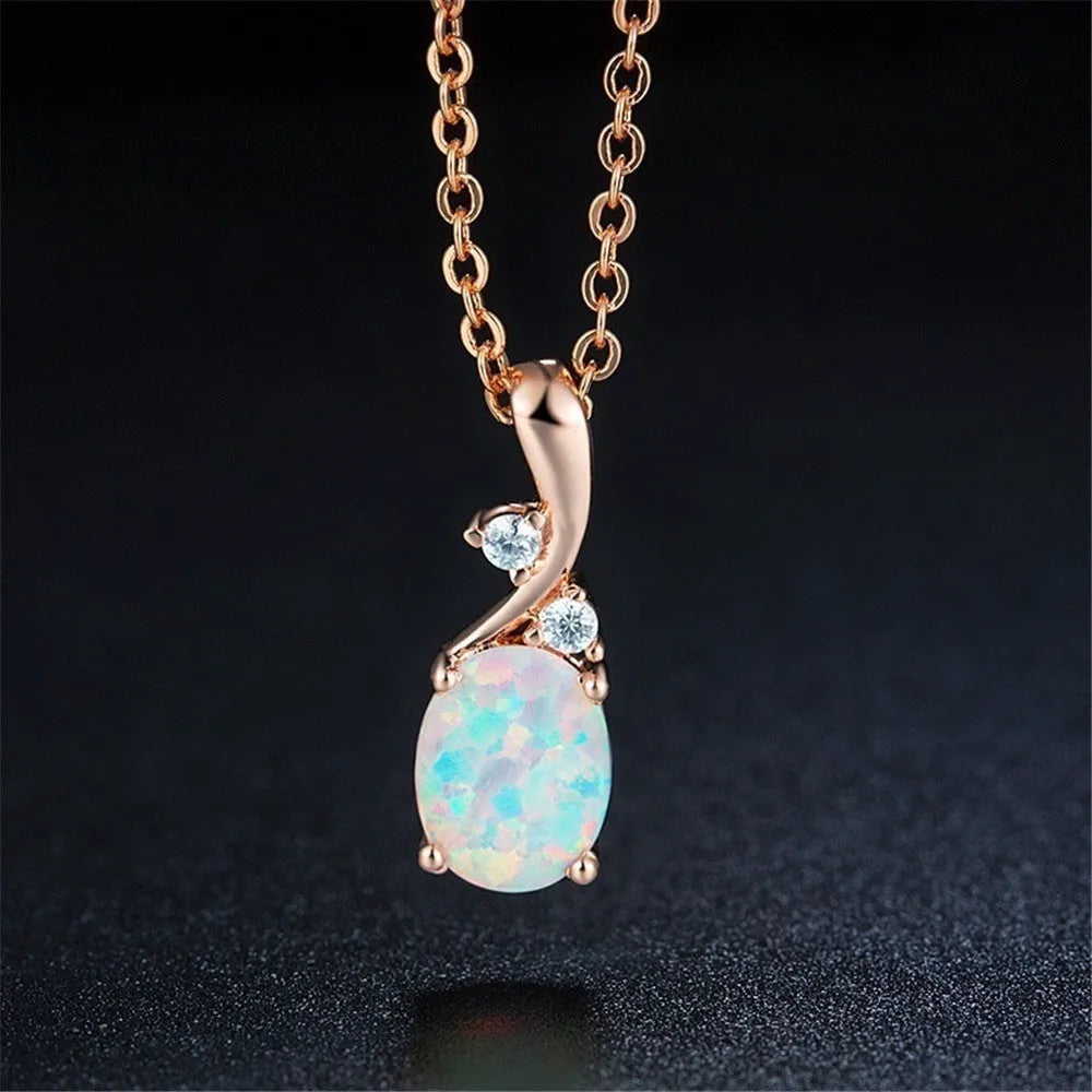 Water drop opal pendant necklace with adjustable O-chain in rose gold or white colour options