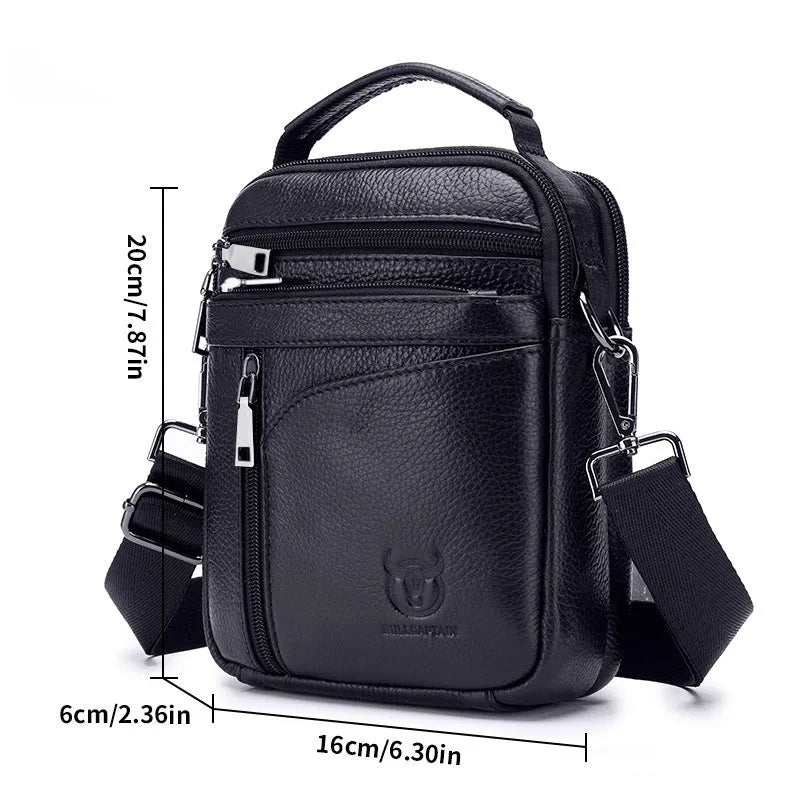 Black genuine leather men's shoulder messenger bag with retro style for business and travel