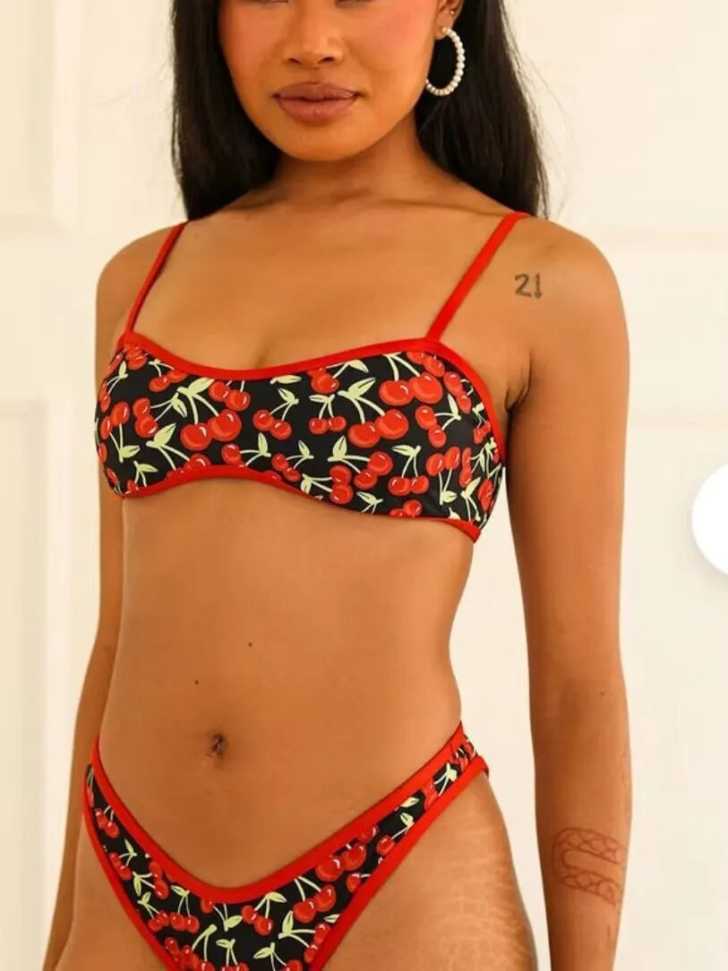 Women's cherry print tube top bikini swimsuit in polyester fabric