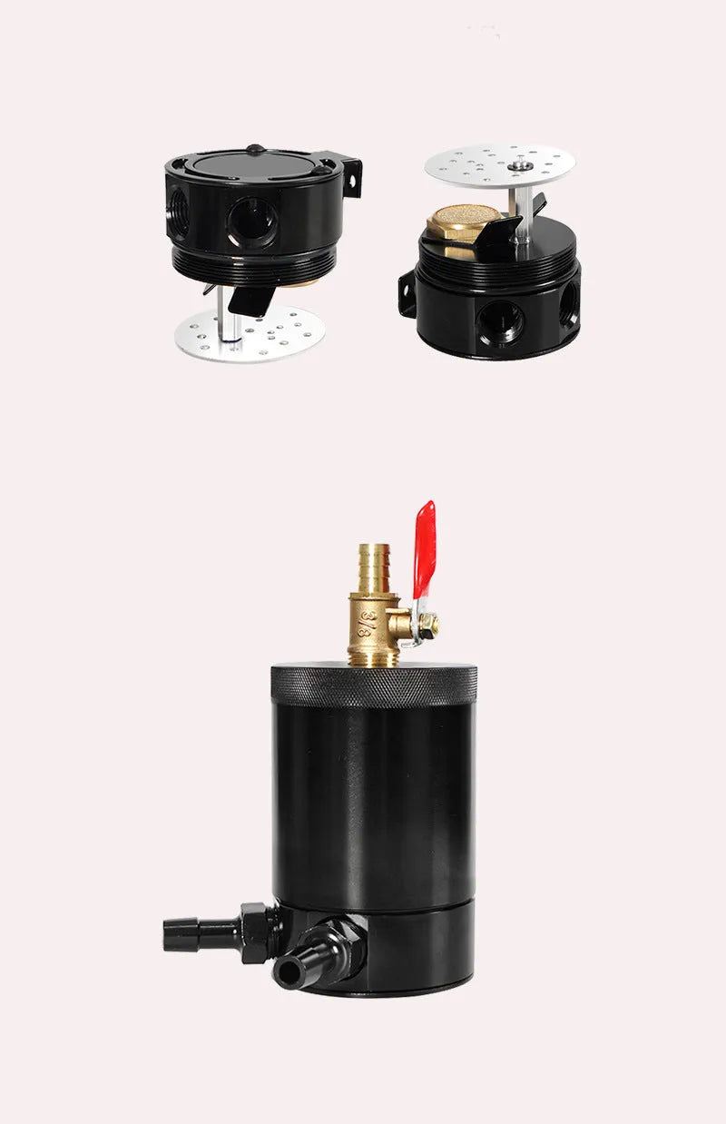 Black aluminium two-hole automotive oil pot with connectors and mounting hardware