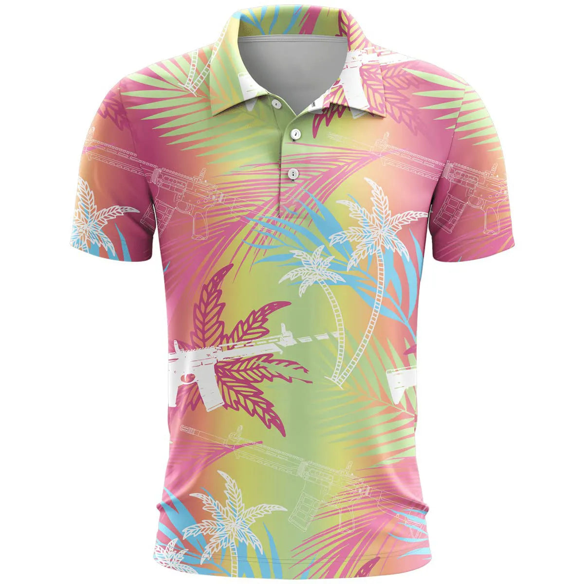 Man's loose-fit 3D printed short sleeve T-shirt in bird eye cloth polyester, showing colour and pattern detail.