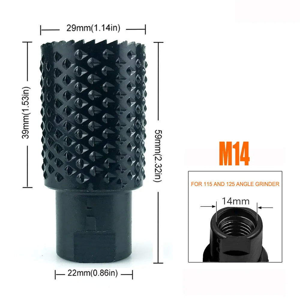 Angle grinder grinding head with spherical shape and M10/M14 threads for woodworking