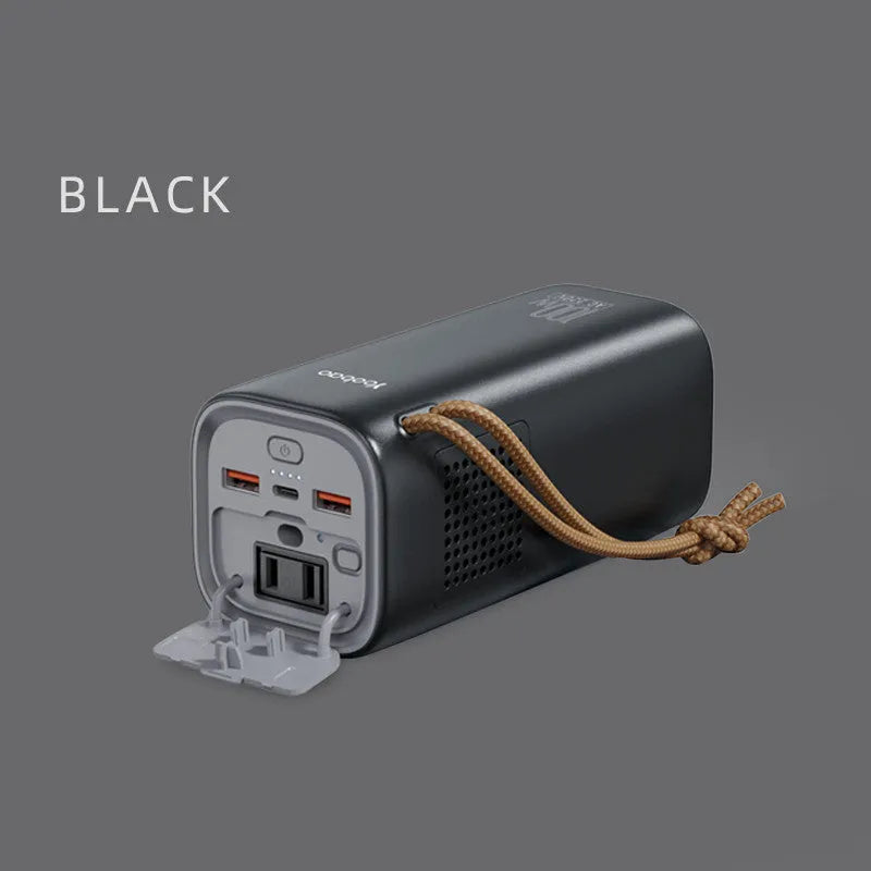 Black emergency power bank with 200W output, solar panel charging capability, and dimensions of 70x70x162mm