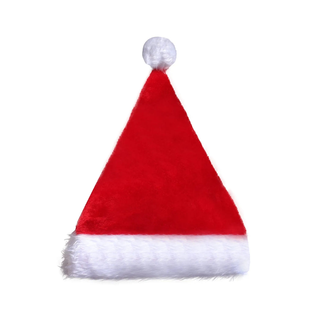 Red and white plush Santa hat with integrated multi-colour LED lights glowing