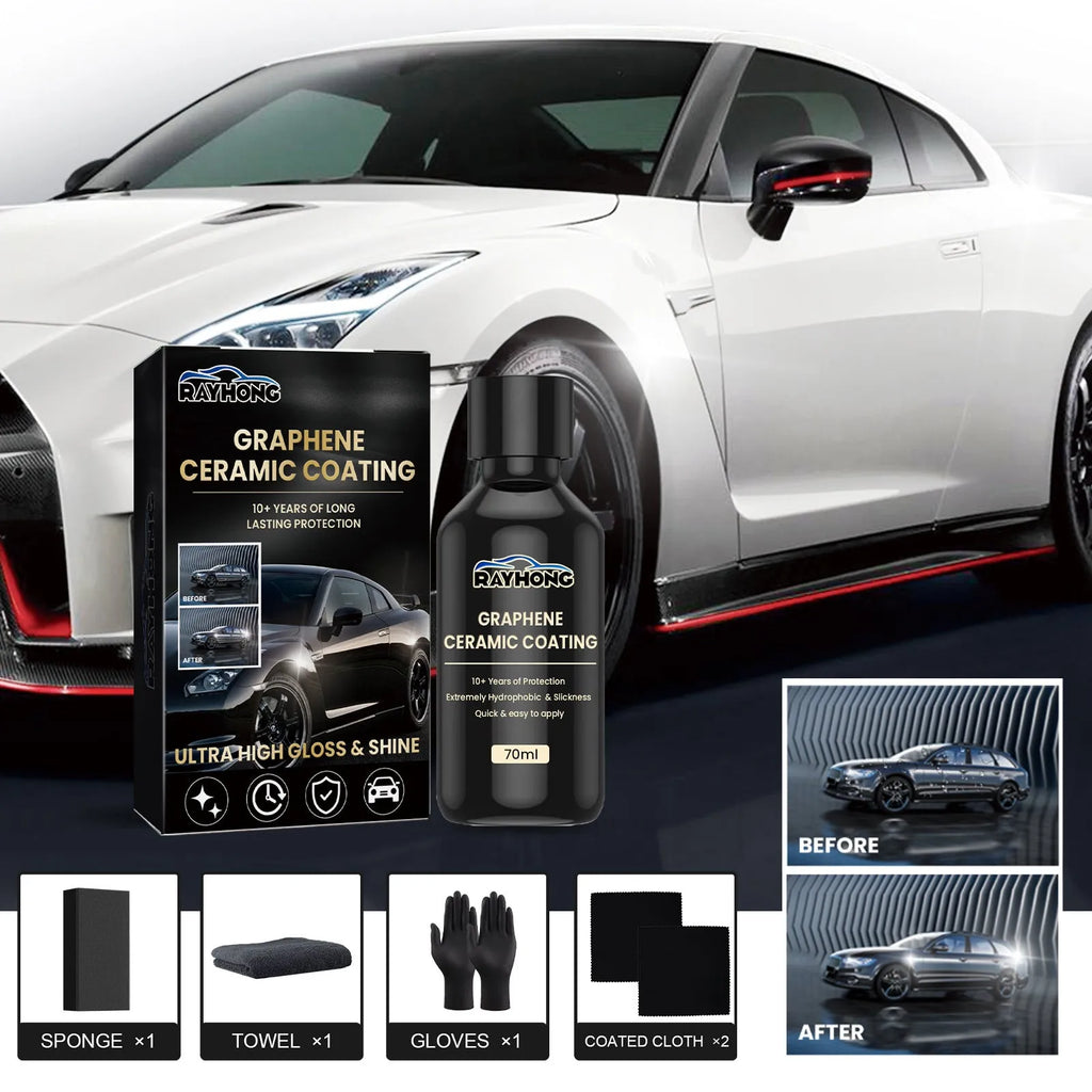 70ml automotive graphene ceramic coating bottle with sponge, towel, gloves, and cloths for car paint protection.