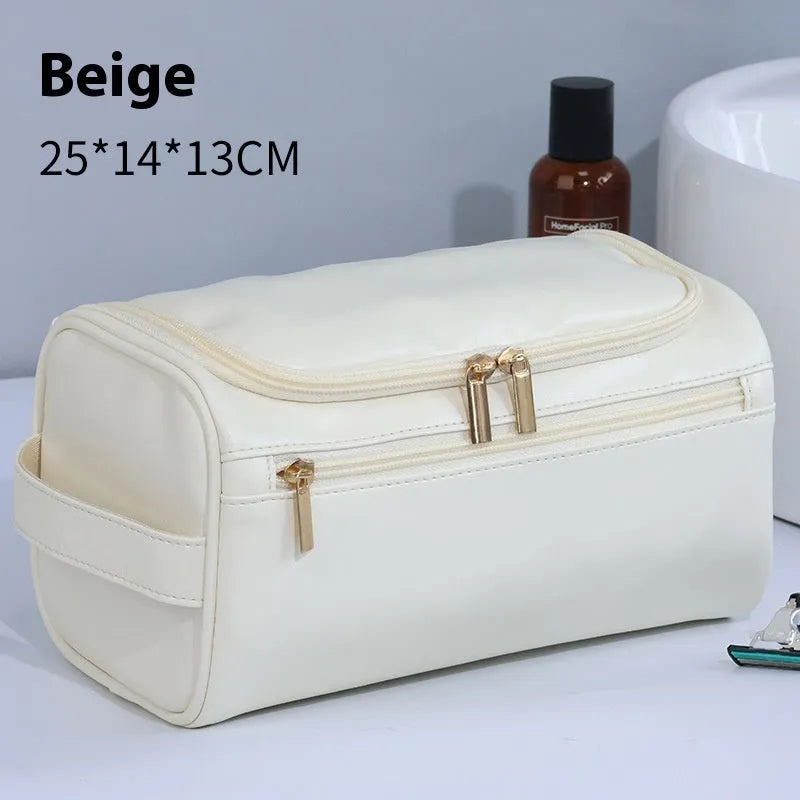 Retro style waterproof cosmetic bag in PU leather or Oxford cloth with large capacity for makeup and skincare storage