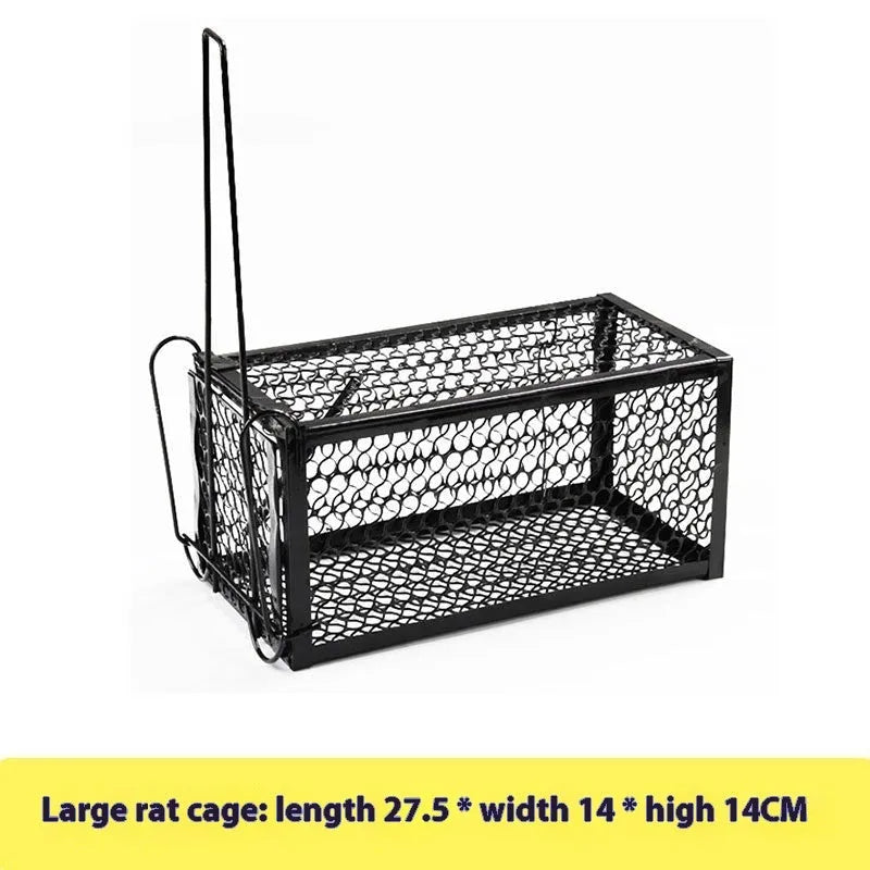 Automatic reset mouse cage trap in plastic and iron designs, shown in small, medium, and large sizes.