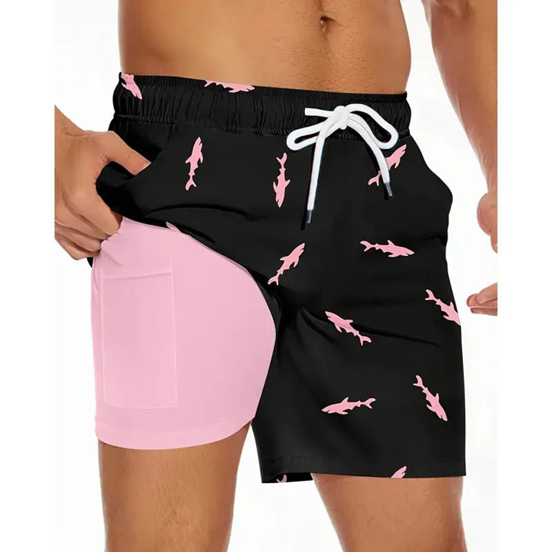 Men's loose fit casual beach trousers in lightweight polyester fabric on a plain background