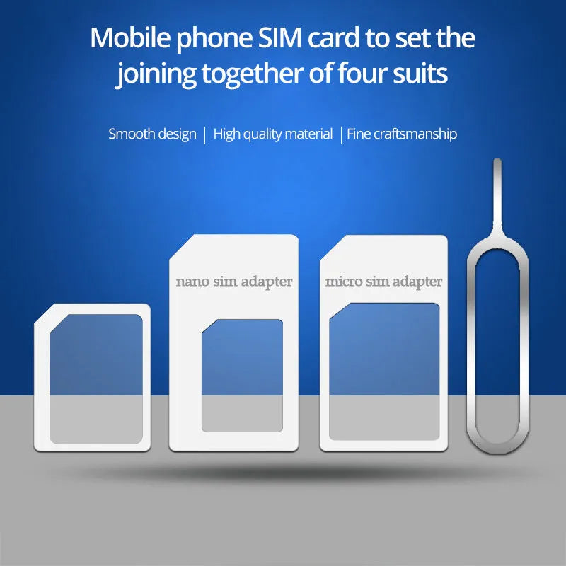 SIM Restore four-in-one adapter set with Nano to Micro and Standard converters plus SIM card ejector pin