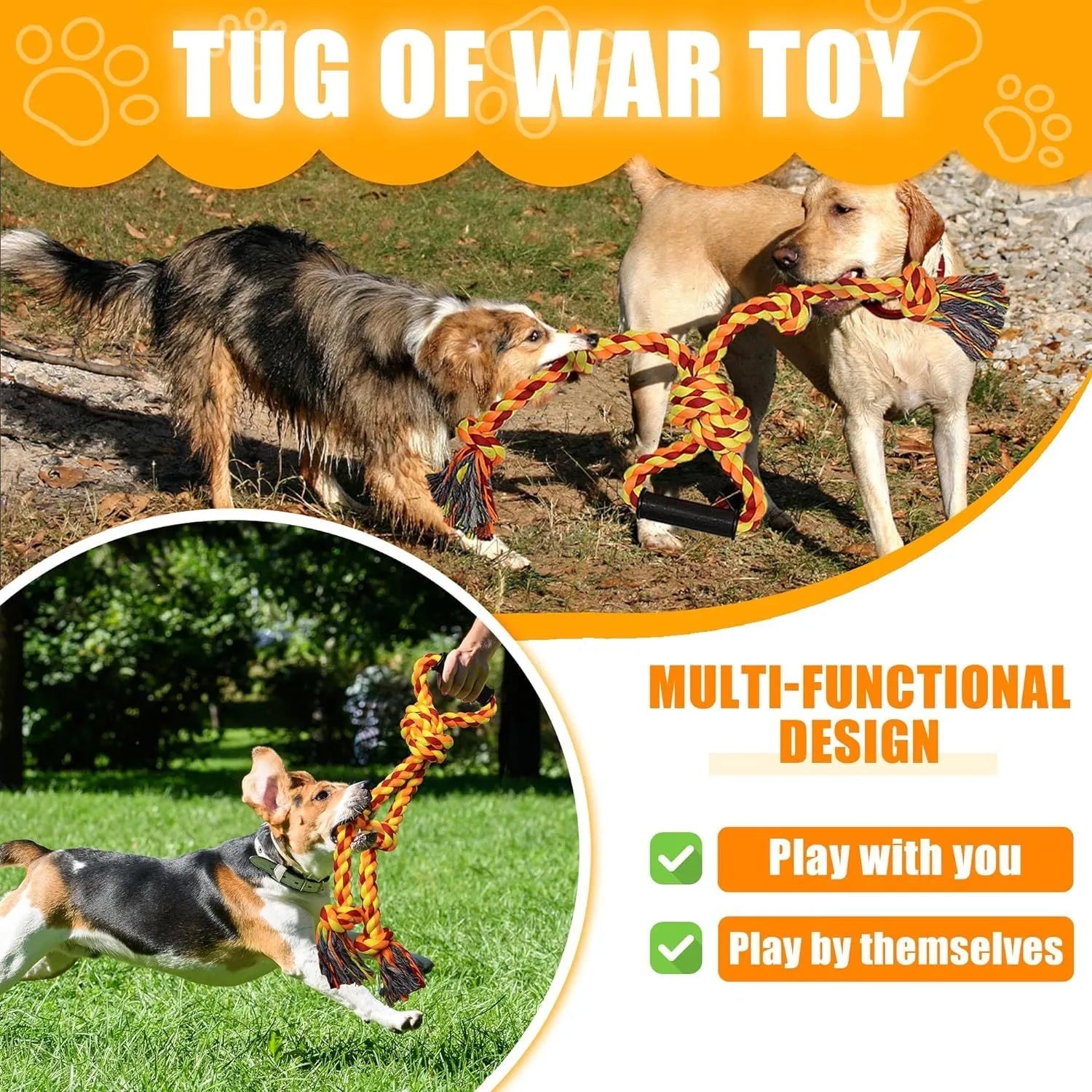 Blue and yellow cotton rope dog toy with handle for large breed tug-of-war