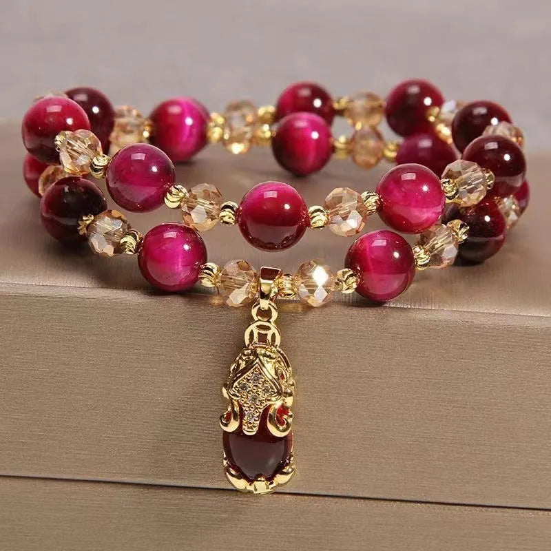 Natural Tigereye stone crystal bracelet with single or double chain in rose red or green with Fox or Pixiu motifs