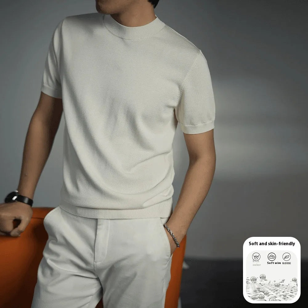 Men's silver grey knitted round neck t-shirt with short sleeves on a hanger.