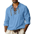 Men's solid colour linen blend shirt with lapels, lace details, and long sleeves in a loose plus-size fit.