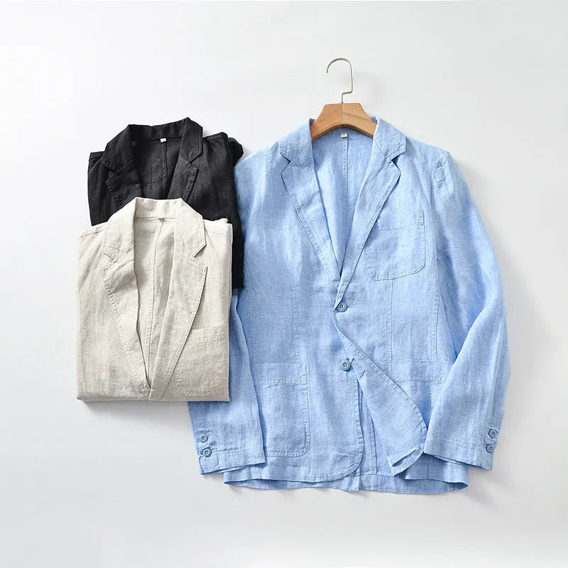 Men's thin solid colour linen coat with stick pockets on a hanger.