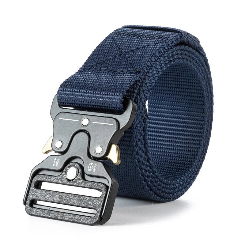 Men's thick canvas tactical belt with alloy buckle shown in Army Green colour on 120cm length