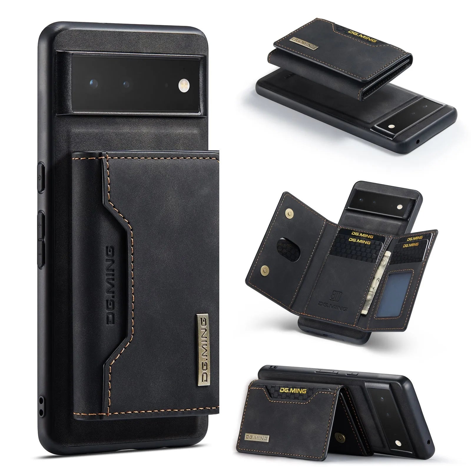 Hand-woven leather magnetic card holder phone case for Google Pixel 6 7 8, black combination
