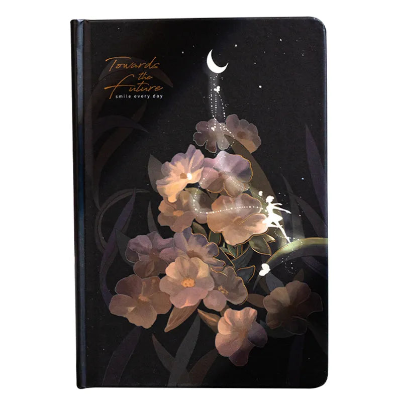 A5 notebook with luminous reflective cover open to show pages with colourful illustrated backgrounds.