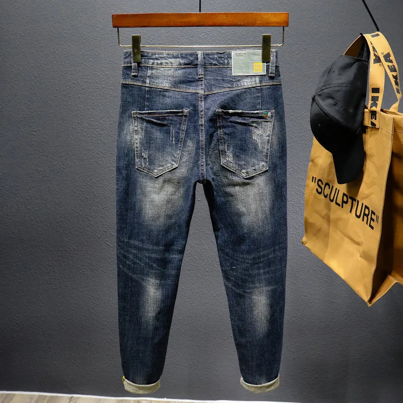 Men's slim straight stretch jeans in blue, mid waist, zip fly, red ear denim, sizes 28-38