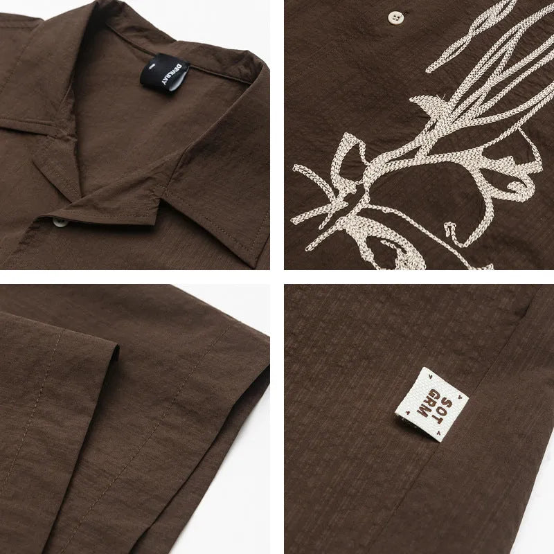 Brown coffee colour striped Cuban collar short sleeve outdoor waterproof shirt