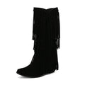 Women's suede high boots with chunky heel and square toe in beige, black, brown, red, yellow.