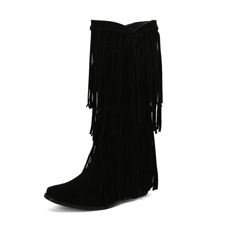 Women's suede high boots with chunky heel and square toe in beige, black, brown, red, yellow.
