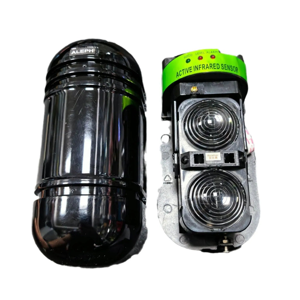 Black wired infrared security detector with dual-beam for 150 metre perimeter protection.