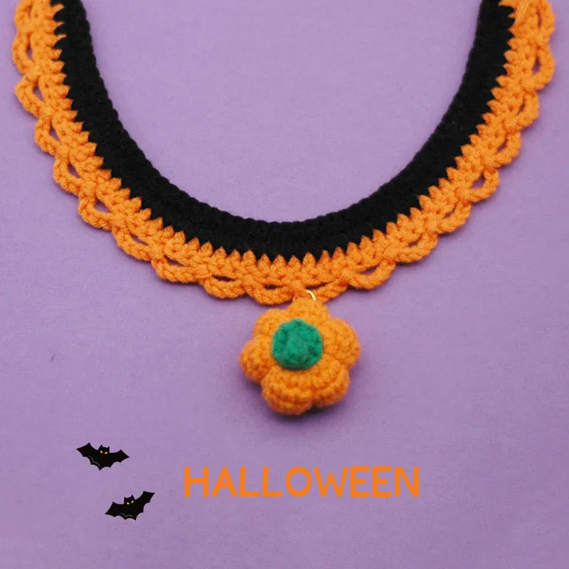Hand crocheted wool Halloween pet collar with adjustable sizing for cats and dogs
