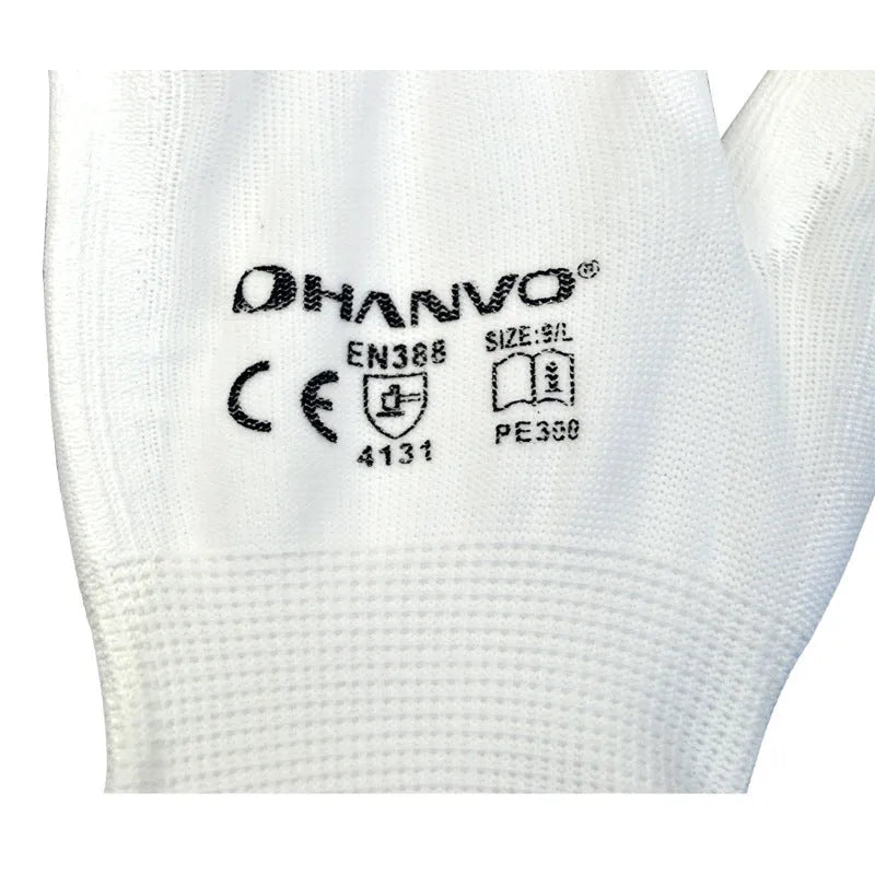 Ten pairs of white PU coated work gloves showing wear-resistant palms and 24cm length.