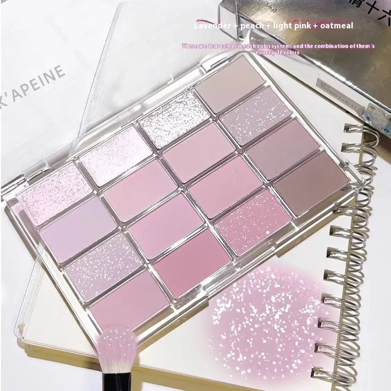 16-colour eye shadow palette showing matte and shimmer finishes in pink, brown and neutral tones.