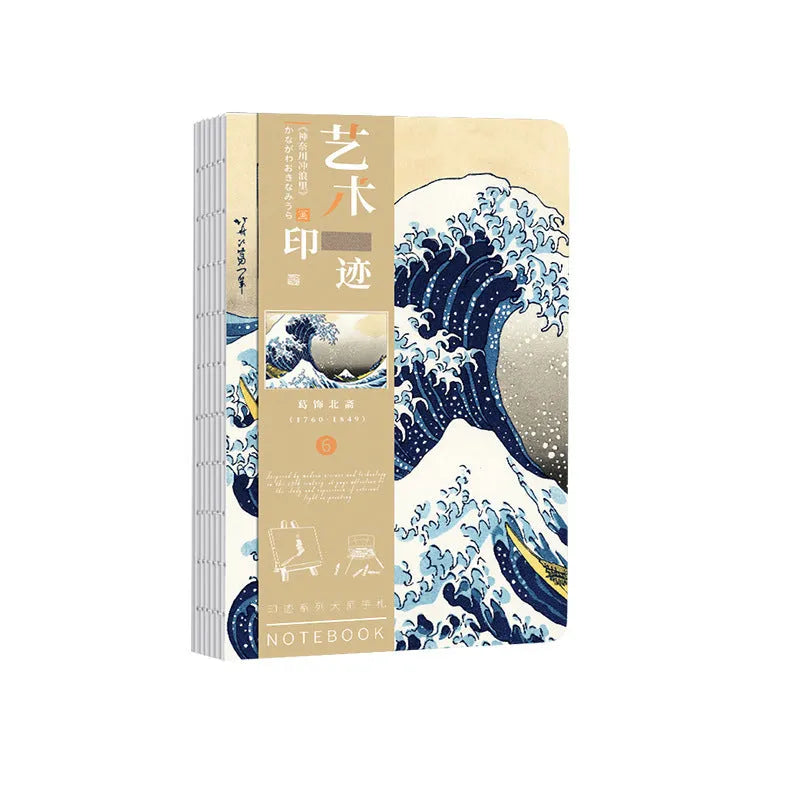 Ukiyo-e Series retro hand ledger notebook with art cover, open on a table.